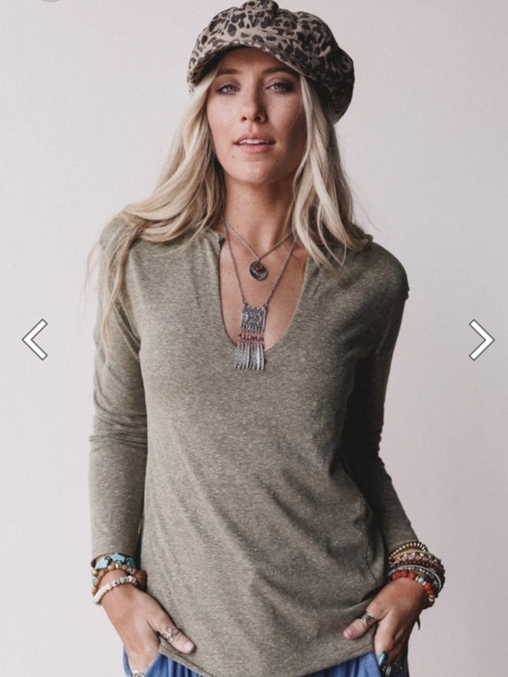 Three Bird Nest Olive V‑Neck Long Sleeve Top